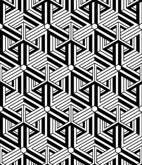 Regular contrast endless pattern with intertwine three-dimensional figures, continuous illusory geometric background.