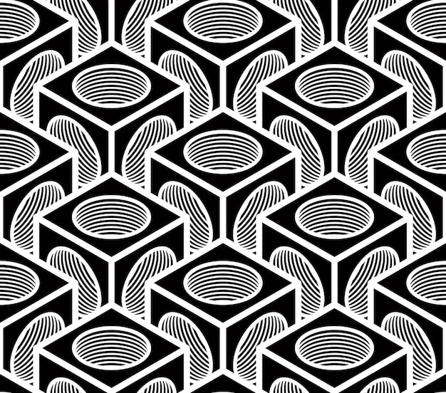 Regular contrast endless pattern with intertwine three-dimensional figures, continuous illusory geometric background.