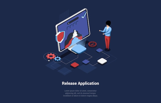 Release Application Vector Illustration In Cartoon 3D Style On Dark Background. Conceptual Isometric Design. App Produce Final Stage. Program, Website Ready. Process Of Start Off. Coding And Creating