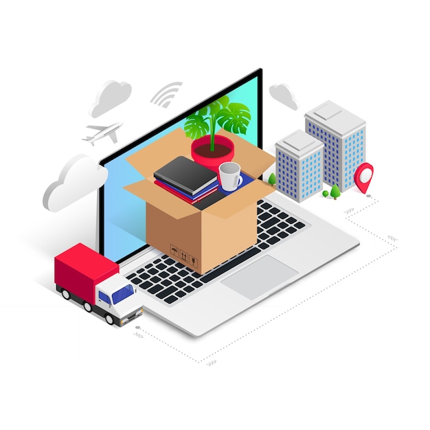 relocation service transport company isometric concept moving to new house office d