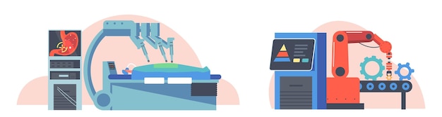 Remote Control Technologies Concept. Clinic Interior with Patient Operated with Medical Robot Arms, Factory Automation with Machine Distantly Work on Conveyor Belt. Cartoon Vector Illustration