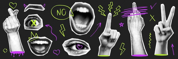 rendy punk halftone collage set with retro halftone elements and naive doogle elements