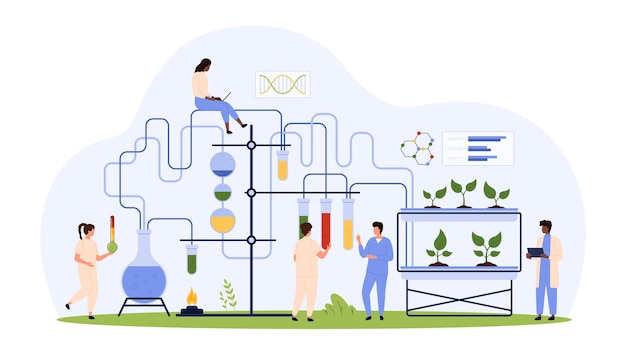 Research in biology laboratory experiment on growing green plants by tiny people