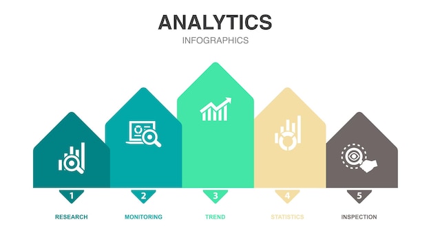Research monitoring trend statistics inspection icons Infographic design layout template Creative presentation concept with 5 steps
