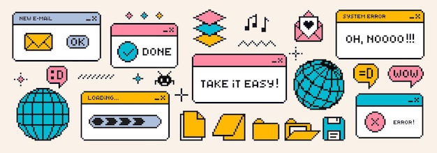 Retro browser computer window in 90s style Message boxes and popup user interface elements