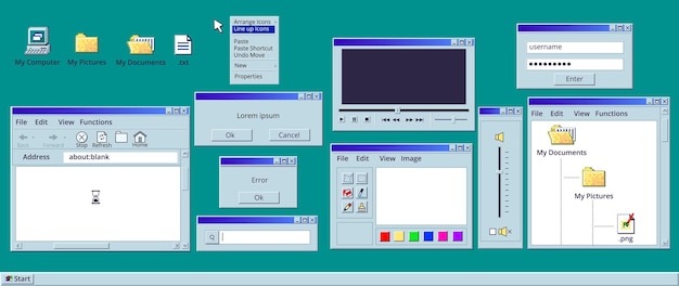 Retro empty window Old windows 95 system interface vintage computer application frame template pc software message display screen blank elements 1990s classy vector illustration