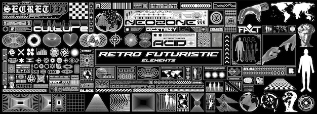 retro futuristic elements for design abstract set of frames 3d shapes wireframe cyberpunk window