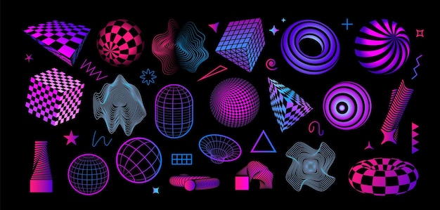 retro futuristic shapes abstract geometric figures bright cubes and spheres with grid texture concentric circles and minimal contour forms vector decorative dynamic elements set