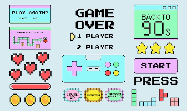 Retro game object set Set of game user interface elements pixel style retro games picel coin stars Design concept for websites and applications in old style of 90s