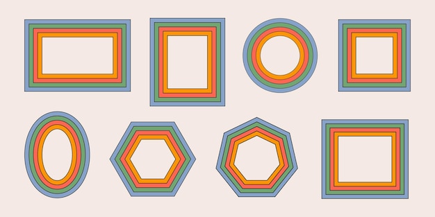 Retro hippie collection rainbow frames in style 60s 70s Trendy psychedelic design elements