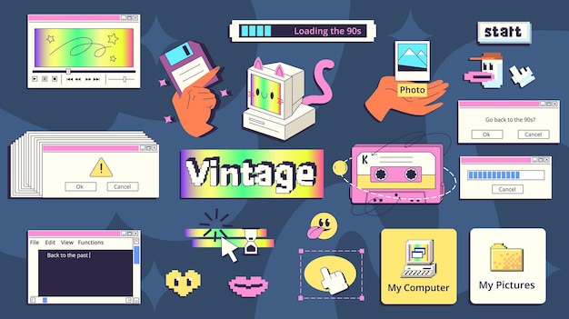 Retro interface stickers Old computer y2k technology weird elements web window error tab game ui 2000s 90s 80s vintage desktop folder design cartoon classy vector illustration