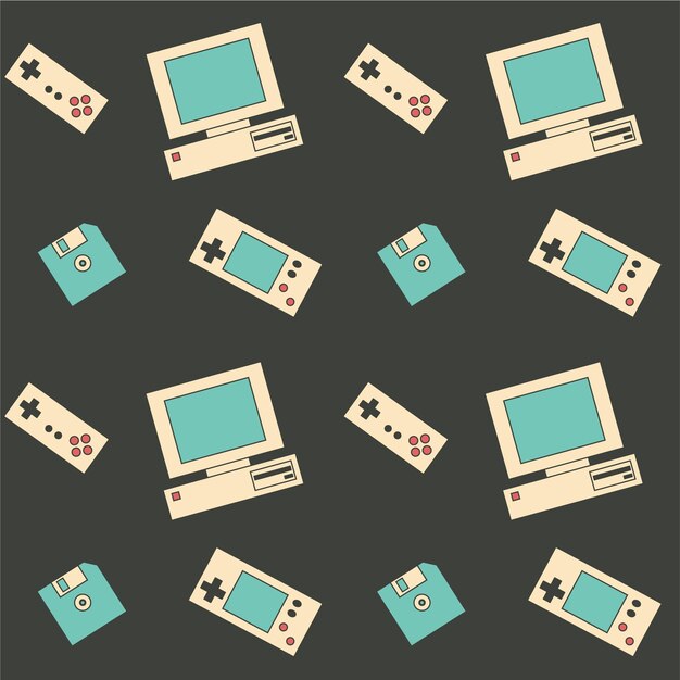 retro pattern with computer, console, floppy disk and gamepad