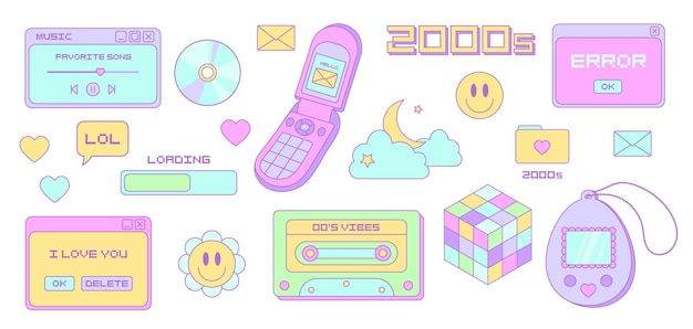 Retro sticker pack in trendy cute y2k style Kawaii set Nostalgia for 1990s 2000s