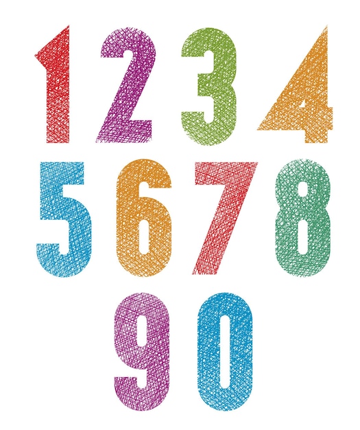 retro style geometric bold numbers set with hand drawn lines texture