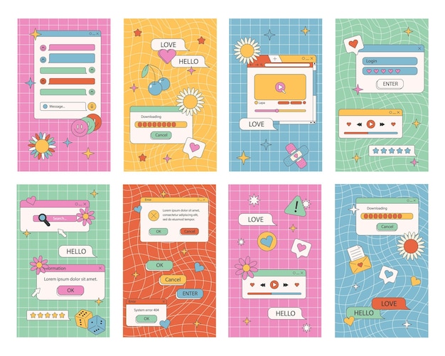 Retro ui post template cool 90s aesthetic social media stories frames app window with groovy