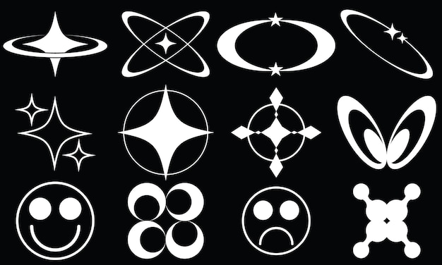 Retro y2k elements setvector flat sparkling stars collectionTrendy Y2K Vector SignsFlower shapes