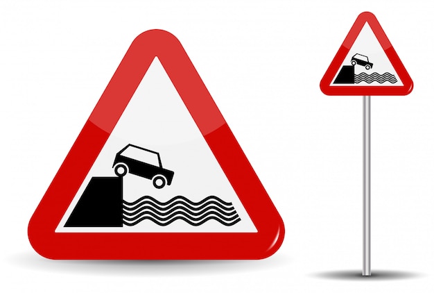 Road sign Warning Departure to embankment. In Red Triangle, the coast, water and car are schematically depicted.