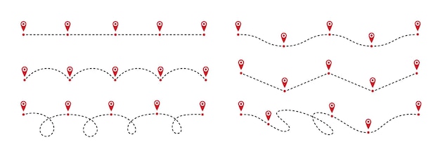 Roadmap path Timeline dashed line way route chart and road steps with pin points for customer journey business infographic design Success process diagram vector set Pathway and options for report