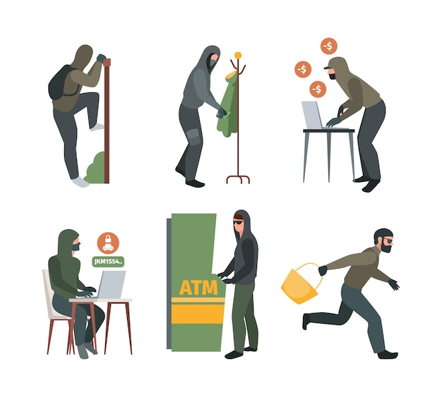 Robbery characters Burglaries apartment and computers thieves garish vector stylized bad robbery peoples