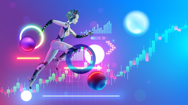 Robot AI trader running on business chart of growth stock exchange market Woman robot trader assistant on forex market Automated trading system AI technology of analysis investment fund data