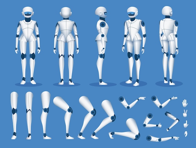 Robot android character. Futuristic cyborg artificial intelligence mascot poses for animation. Humanoid robot constructor element vector set