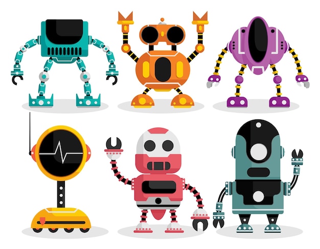 Robot character presenting vector set Robotic characters in pose and gestures like showing white