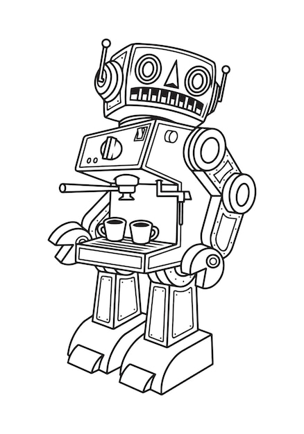 robot coffee machine coloring book illustration vector