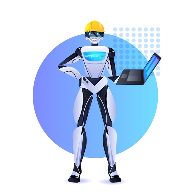 robot engineer in helmet using laptop modern robotic character artificial intelligence concept