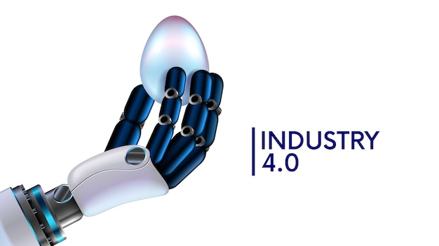 Robot hand holds an egg in closeup Hand of anthropomorphic robot with artificial intelligence or AI carefully holds egg with its fingers AI robotics in humanoid robot AI in robotics technology