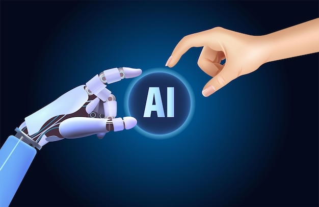 Robot hand touching human hand Symbolizes interaction between human and artificial intelligence