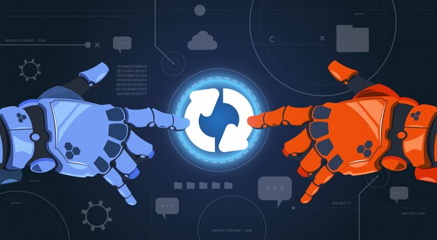 Robot Hands Touching Digital Button Of System Update On Modern Screen Abstract Technology Background