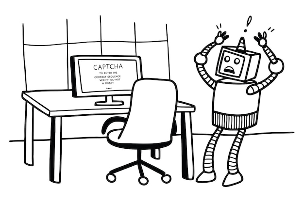 Robot having troubles with captcha im not a robot on computer Line art vector illustration