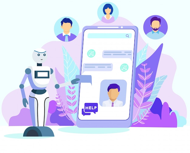 Robot hoạt hình Giúp khách hàng trên màn hình điện thoại di động