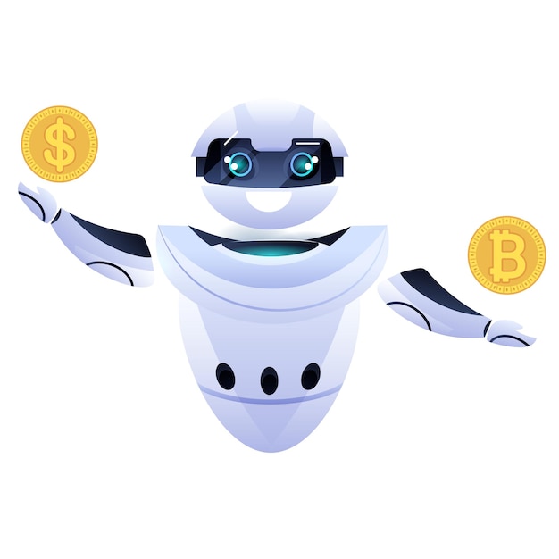robot holding bitcoin and dollar coin crypto currency web money mining passive income earnings