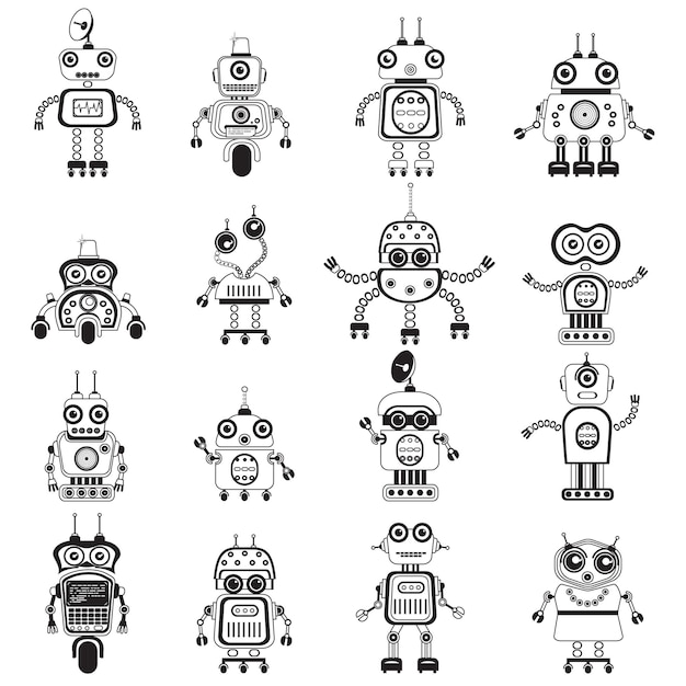 Robot icons mono vector symbols Flat design style robots and cyborgs