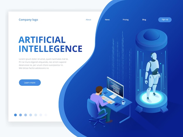 Robot Isometric với trí tuệ nhân tạo. Cơ thể điều khiển học robot làm việc với giao diện HUD ảo trong thực tế tăng cường. Khái niệm tương lai.