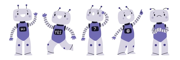 Robot mascot Android digital assistant in different poses Emotion expressions Friendly cyborg character Kids humanoid AI technologies Robotic machines Garish vector cyber toys set