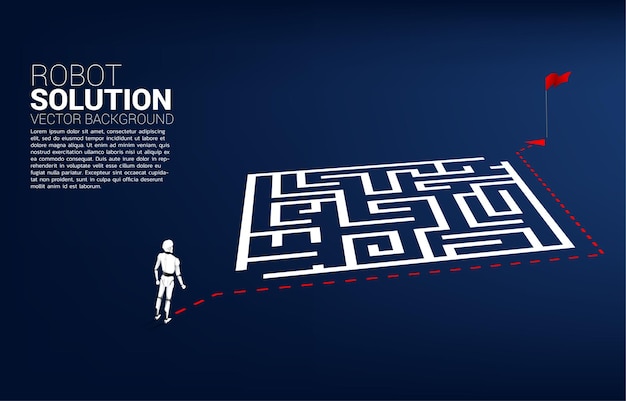 Robot standing on route path go around the maze to goal. A.I concept for problem solving and finding idea.