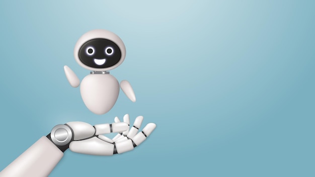 Robotic hand holding an AI chatbot Future cybernetic artificial intelligence and automation service AI assistant global connectivity and tech applications Trendy and modern vector in 3d style