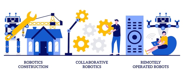 Robotics construction, collaborative robotics, remotely operated robots concept with tiny people. Machine work, smart industry development, artificial intelligence abstract vector illustration set.