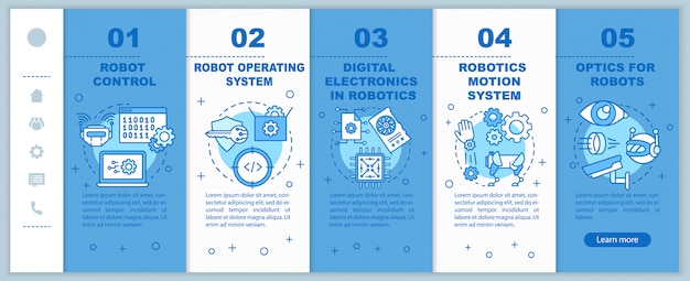 Robotics courses onboarding mobile web pages template. Automation. Responsive smartphone website interface idea with linear illustrations. Webpage walkthrough step screens. Color concept