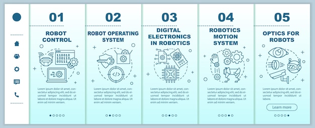 Robotics courses onboarding mobile web pages vector template. Cybernetics. Responsive smartphone website interface idea with linear illustrations. Webpage walkthrough step screens. Color concept