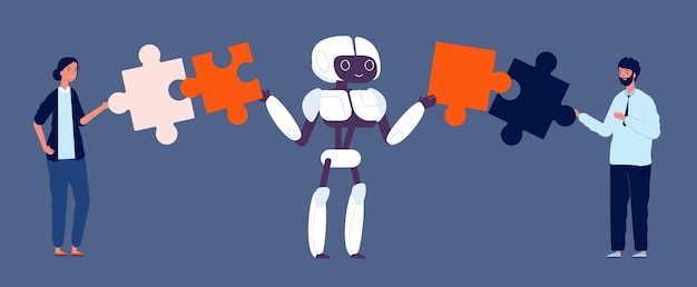 Robotics integration Cooperation business collaboration and teamwork with android Robot and businessman office workers collect puzzles vector concept
