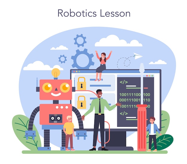 robotics school subject concept. robot engineering and programming. idea of artificial intelligence and futuristic technology. isolated vector illustration