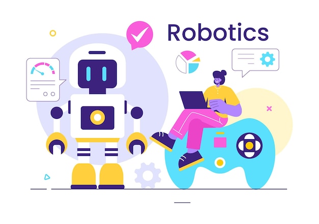Robotics Vector Illustration of Artificial Intelligence Robots Communicating with Technology and Engineering Featuring a Light Bulb and Gears