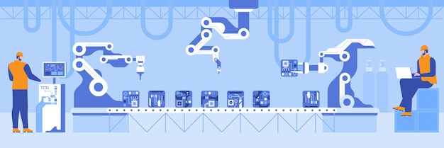 Robotized production line at plant flat illustration