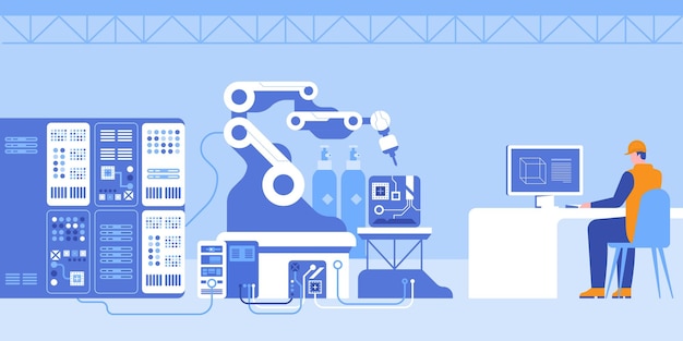 Robotized production line at plant flat illustration