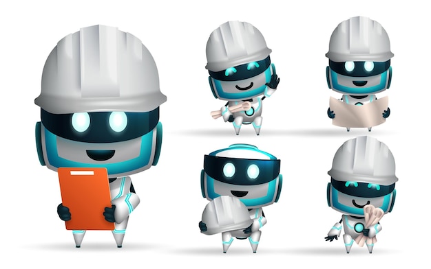 Robots character vector set design Robot ai characters with hard hat and blueprint layout elements