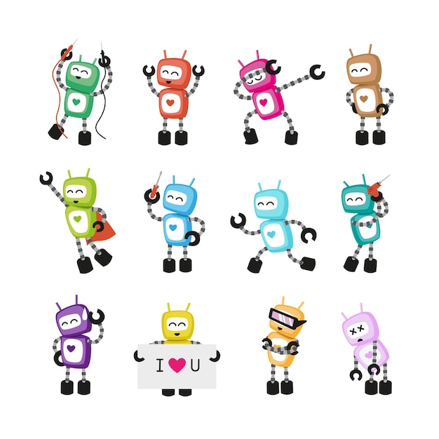 Robots in different positions Funny and cute illustration