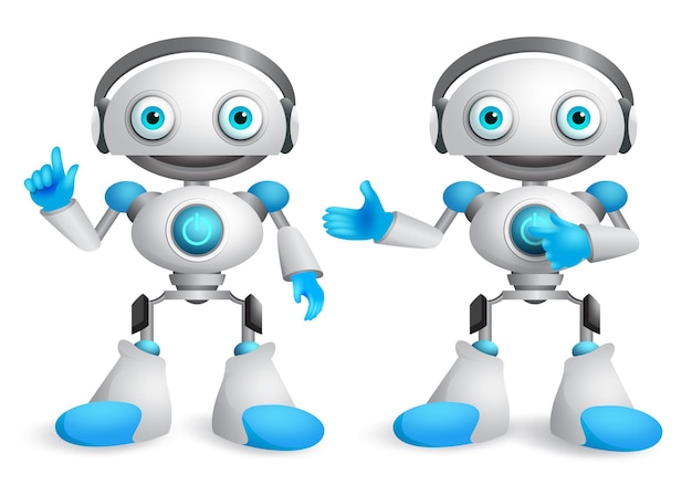 Robots vector character set Friendly mascot robot design element for presentation with postures